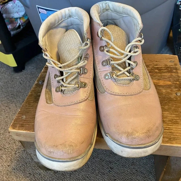 Timberland Hiking Field Boots Women 8.5 M Pink White Leather Barbiecore Mid Calf - Picture 3 of 11